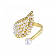 Inel Leda Wing, auriu, decorat cu pietre din zirconiu si perle, reglabil - Colectia Universe of Pearls