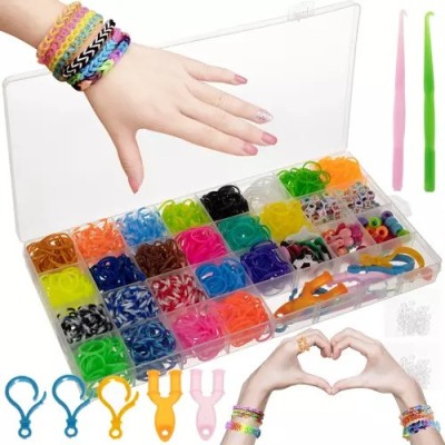 Kit de confectionare bratari, 23 culori benzi de cauciuc, 1500 piese, carlige, carabine, margele, pandantive si litere 27x13x2 cm - Multicolor foto