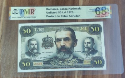 REPRODUCERE pe hartie cu filigran si fire UV proiect bancnota 50 Lei 1929 nr.174 foto