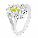 Inel strălucitor de culoare argintie, formă de bob galben-verzui, zirconii transparente - Marime inel: 52