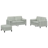 Set de canapele, 3 piese, cu perne, gri deschis, catifea