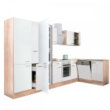 Mobilă de bucătărie de colț Yorki 370, corp din stejar sonoma, față alb satinat, element cuptor inferior, dulap cu rafturi, frigider congelator inferi