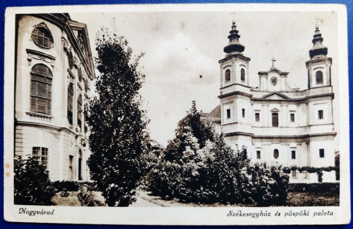Oradea 1942 - Nagyvarad - Catedrala si palatul episcopal - Szekesegyhaz es puspoki palota - printata, circulata, timbru detasat