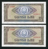 q761 RSR PERECHE CONSECUTIVA 5 LEI 1966 aproape NECIRCULATA aUNC cu urme de manipulare in partea de sus