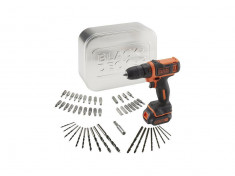 Set masina de gaurit si insurubat cu acumulator Black &amp;amp; Decker BDCDD12AT-QW, 10.8 V, Li-Ion, 50 accesorii, cutie de otel foto