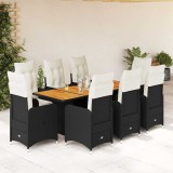 Set bistro de grădină, 9 piese, cu perne, negru, poliratan
