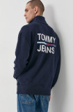 Tommy Jeans Hanorac de bumbac bărbați, culoarea albastru marin, cu imprimeu