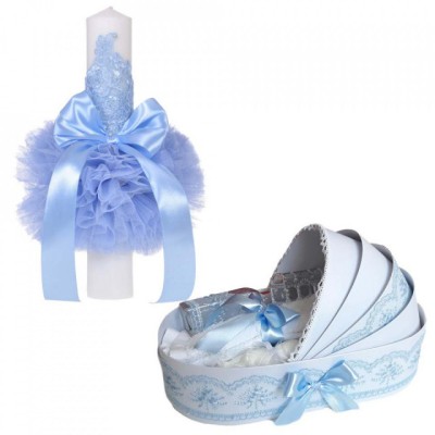 Lumanare botez glob cu dantela si trusou botez in landou, decor Bleu, Denikos&amp;reg; foto