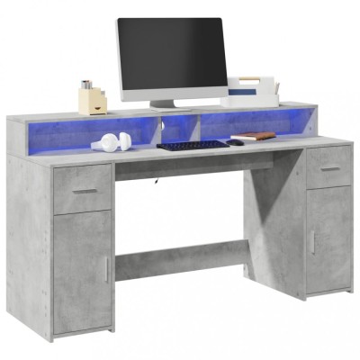 vidaXL Birou cu lumini LED, gri beton, 160x55x91 cm, lemn prelucrat foto