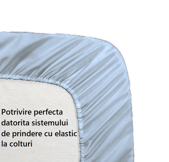 Cearceaf de pat cu elastic, bumbac natural 100%, albastru deschis - 180/190