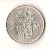 SV * Suedia 5 KRONUR 1955 * ARGINT * Regele Gustaf VI Adolf * AUNC+, Europa
