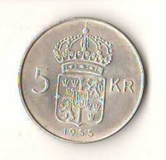 SV * Suedia 5 KRONUR 1955 * ARGINT * Regele Gustaf VI Adolf * AUNC+ foto