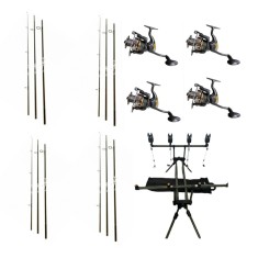 Set Pescuit , 4 Lansete 3, 90m, 3 Segm, 4 Mulinete Glamour 7000, Rod Pod Echipat