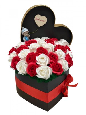 Aranjament floral personalizabil, Eventissimi, Cutie cadou, Trandafiri SAPUN, alb-rosu foto