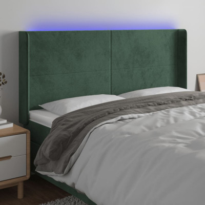vidaXL Tăblie de pat cu LED, verde &amp;icirc;nchis, 163x16x118/128 cm, catifea foto