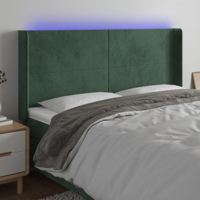 vidaXL Tăblie de pat cu LED, verde &icirc;nchis, 163x16x118/128 cm, catifea