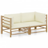 VidaXL Set mobilier de grădină, 2 piese, perne alb crem, bambus