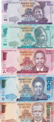 Malawi Set 20-50-100-200-500 Kwacha 2019-2020-2016-2014 UNC foto