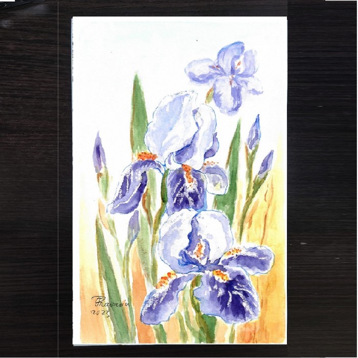 E131. Tablou, Flori varatece, realizat acuarela pe hartie, neinramat, 21x29 cm
