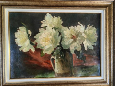 Constantin Isachie Popescu,Bujori, ulei/carton, semnat,inramat,35x50 cm,deosebit foto