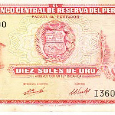 M1 - Bancnota foarte veche - Peru - 10 soles de oro - 1973