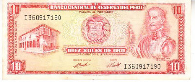 M1 - Bancnota foarte veche - Peru - 10 soles de oro - 1973 foto
