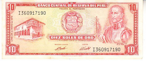 M1 - Bancnota foarte veche - Peru - 10 soles de oro - 1973