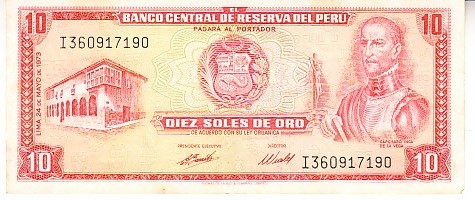 B11 1 - Bancnota foarte veche - Peru - 10 soles de oro - 1973