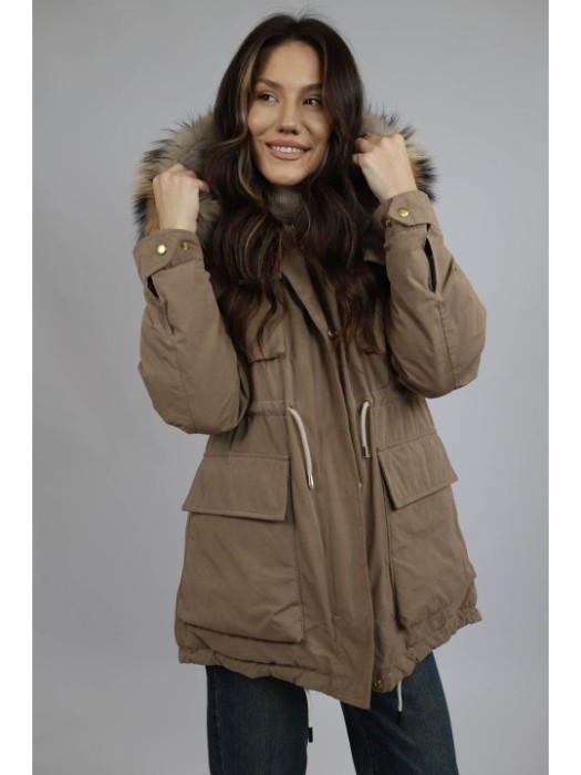 GEACĂ PARKA CU GLUGĂ SI GULER DE BLANĂ NATURALĂ - FLO &amp; CLO MELEK Bej S-M