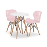 Set masa rotunda stil scandinav + 2 scaune Lago catifea, Artool, MDF si lemn, alb si roz, 60x72 cm
