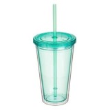 Pahar Plastic cu Perete Dublu, Capac și Pai Turcoaz 500ml, CMCLASS