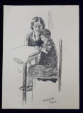 LUCRETIA MIHAIL SILION , MAMA CU FETITA LA MASA , DESEN , PREDEAL , 1937