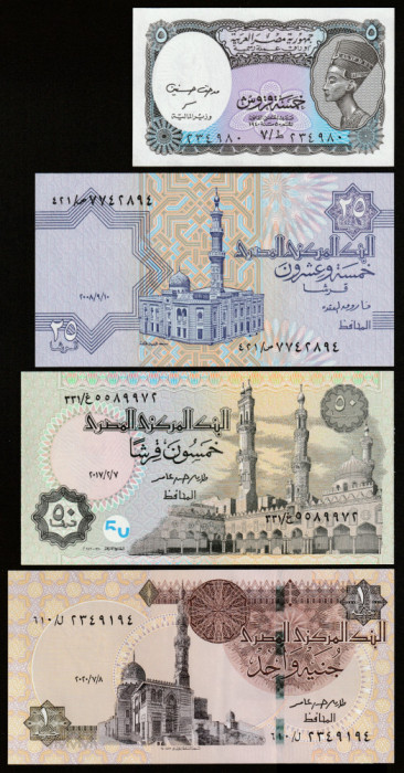 Egipt, 5* 25* 50* piastri, 1 pound 2002-2008_lot UNC_Nefertiti, Ramses, moschei