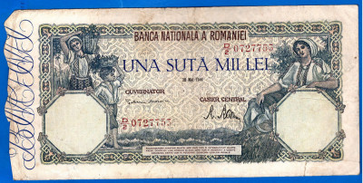 (55) BANCNOTA ROMANIA - 100.000 LEI 1946 (28 MAI 1946), FILIGRAN ORIZONTAL foto