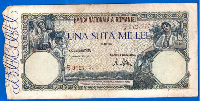 (55) BANCNOTA ROMANIA - 100.000 LEI 1946 (28 MAI 1946), FILIGRAN ORIZONTAL