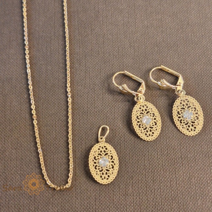 Set lantisor + pandantiv + cercei placati cu aur finisaj dantelat model filigran