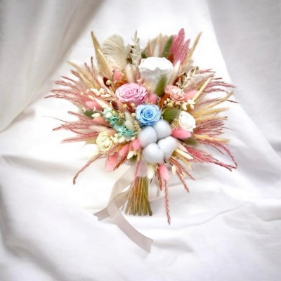 Buchet diafan cu flori naturale uscate , bumbac si trandafirI criogenat , personalizabil, ideal pentru cununie civila, nunta, mireasa sau cadou foto