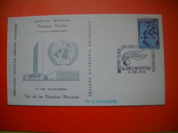 HOPCT PLIC S FDC NR 666 ZIUA DREPTURILOR OMULUI ONU / NATIUNILE UNITE 1964 -ARGENTINA -NECIRCULAT