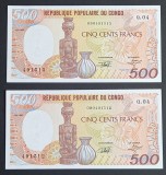 Congo, 2 x 500 Franci 1991, UNC, Consecutive.