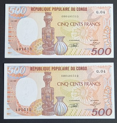 Congo, 2 x 500 Franci 1991, UNC, Consecutive. foto