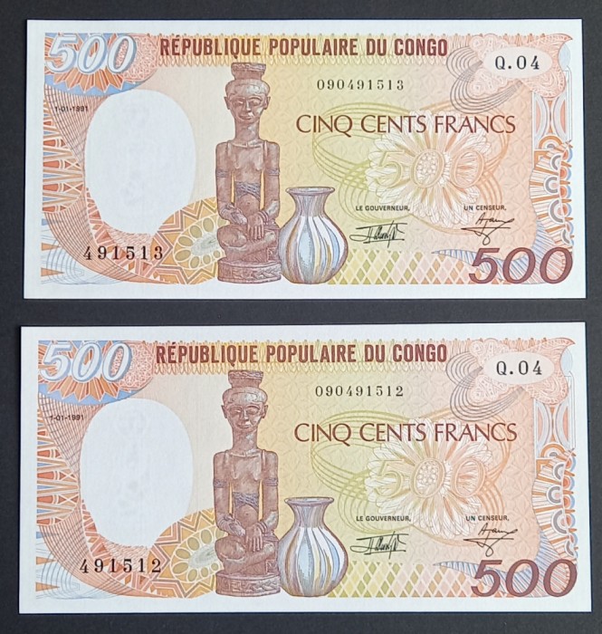 Congo, 2 x 500 Franci 1991, UNC, Consecutive.