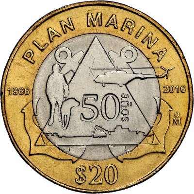 Mexic 20 Pesos 2016 - (Plan Marina - Navy Plan) 32 mm, KM-990 UNC !!! foto