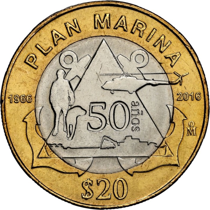Mexic 20 Pesos 2016 - (Plan Marina - Navy Plan) 32 mm, KM-990 UNC !!!