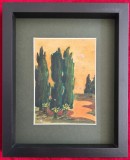 Toader Schipor Tablou 1958 Peisaj cu Plopi, Pictura &icirc;n acuarele, inramat 23x28cm
