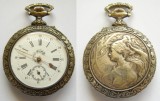 j001 Ceas de buzunar elvetian anii 1910 GENEVE din metal argintat 54mm 91g deosebit de frumos functional