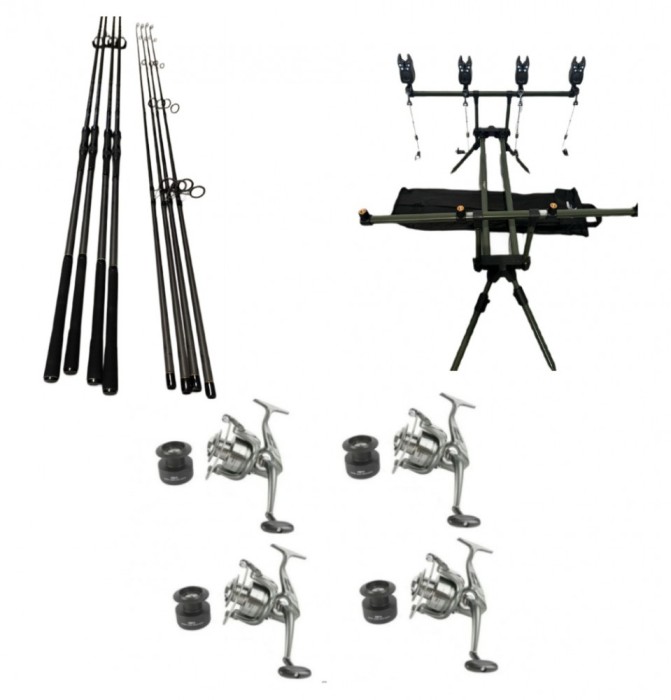 Set Pescuit, 4 Lansete 3, 90 din 2 segm, 4 Mulinete 8000, Rod Pod, Senzori