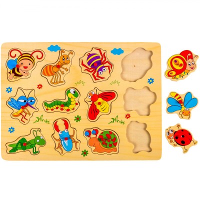 Puzzle Lemn Insecte, 12 Piese, Dimensiune 30x22cm, Multicolor foto