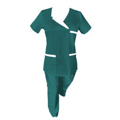 Costum Medical Pe Stil, Turcoaz inchis cu Elastan Cu Paspoal si Garnitură alba, Model Nicoleta - M, XL