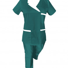 Costum Medical Pe Stil, Turcoaz inchis cu Elastan Cu Paspoal si Garnitură alba, Model Nicoleta - 2XL, 2XL