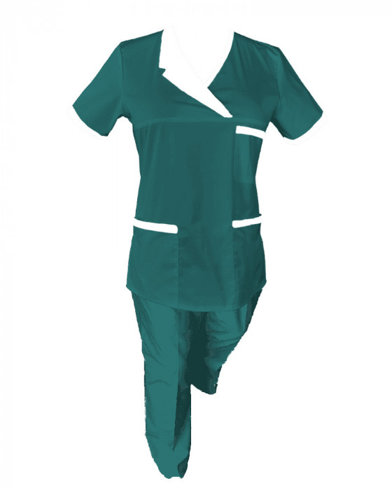 Costum Medical Pe Stil, Turcoaz inchis cu Elastan Cu Paspoal si Garnitură alba, Model Nicoleta - 4XL, 4XL